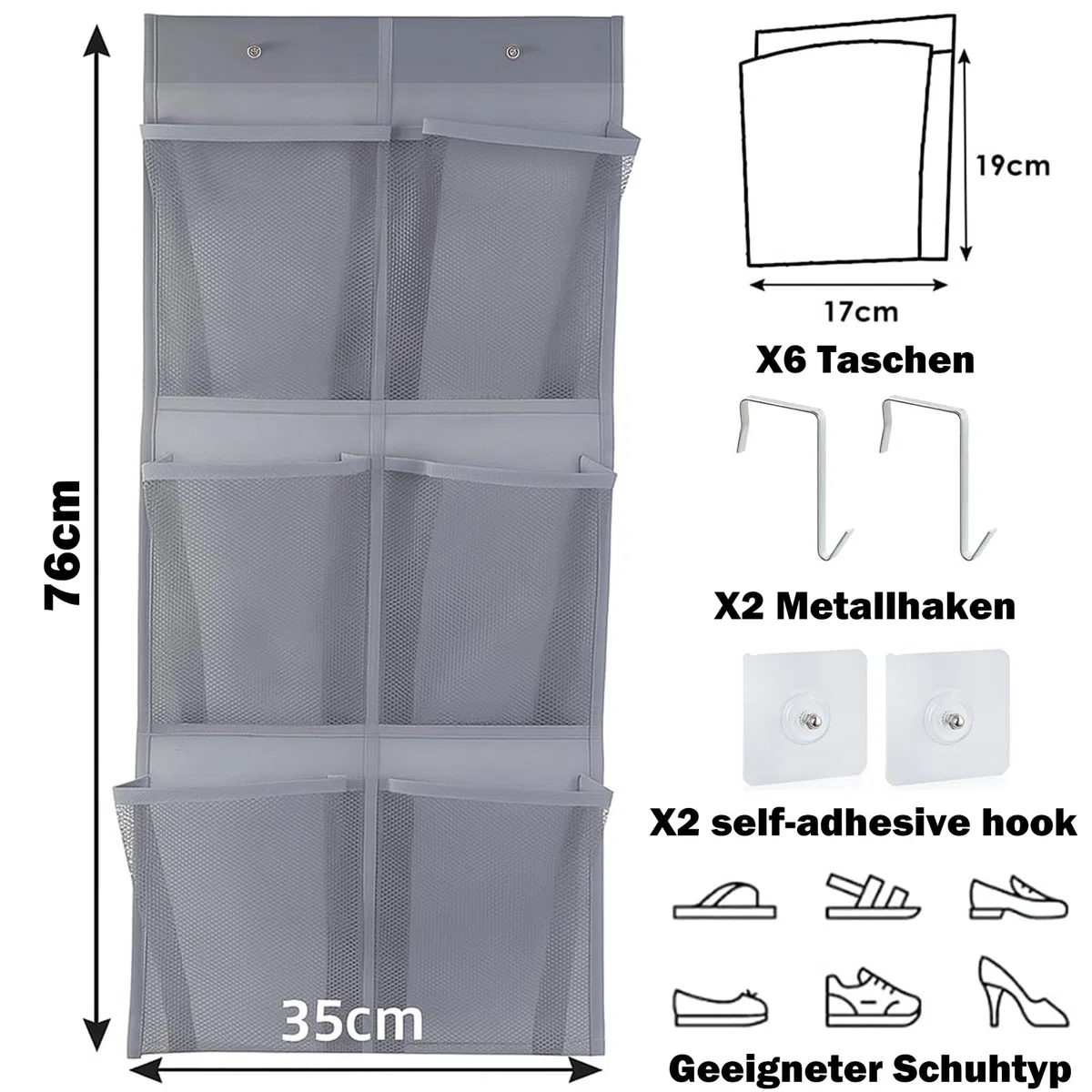 Zapatero de Puerta con 6 Bolsillos y Dos Ganchos Sin Dejar Rastro Zapatero Puerta con Bolsas de Malla para montar en la Pared Ahorra Espacio para Autocaravanas Armarios y Salas de Estar (Gris)