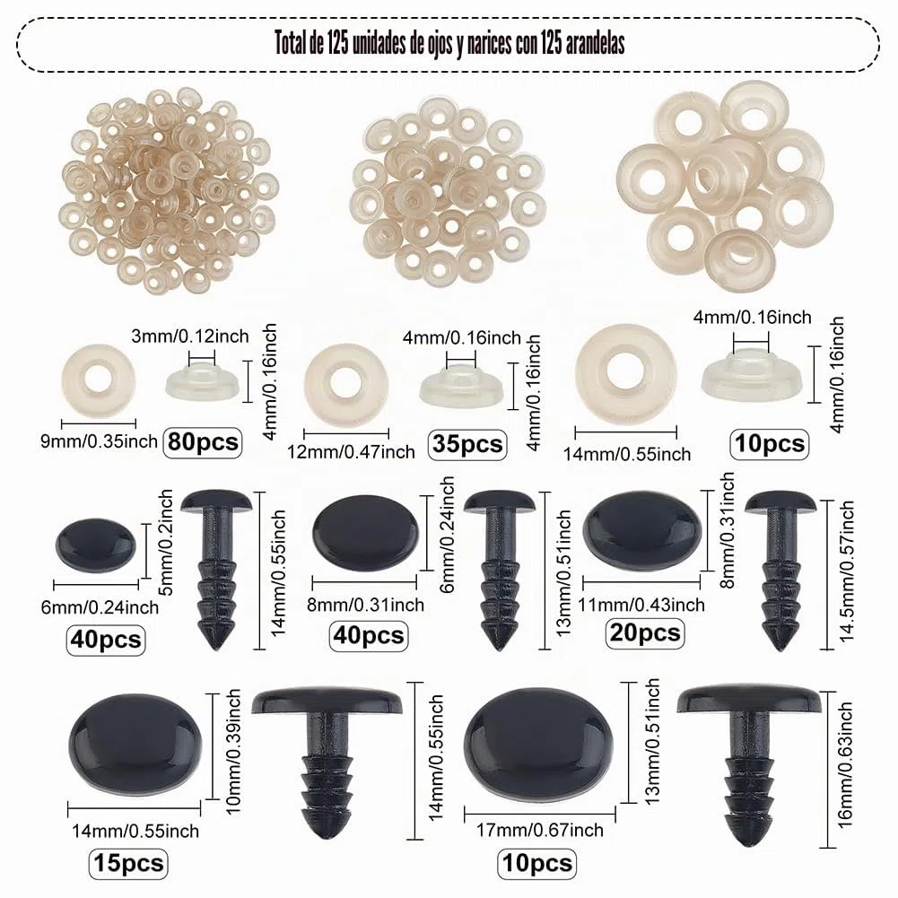 SUPERFINDINGS 5 Tamaño 125pcs Vistoso Ojos Seguridad Resina para Animal de Peluche Ojos Y Narices Nariz Ovalada Negra Narices Seguridad Ojos Plastic con Arandelas para Hacer Animal de Peluche