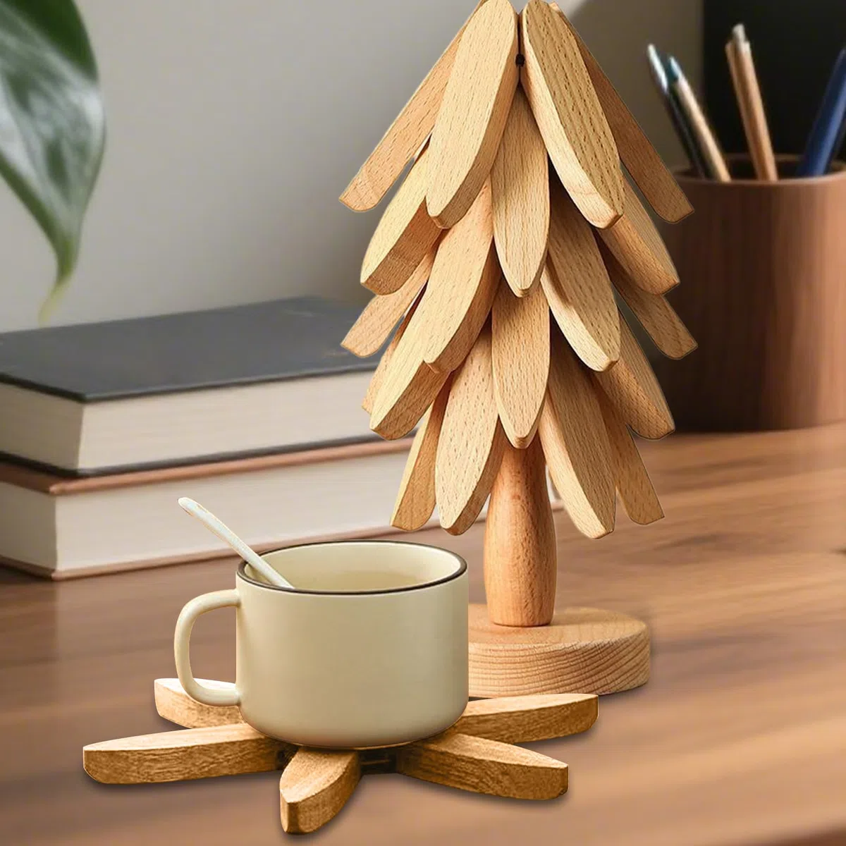 Juego De Salvamanteles De Árbol De Madera | Salvamanteles De Árbol De Navidad Natural con 4 Salvamantele-s De Madera Y 1 Soporte como Decoración De Mostrador De Cocina De Árboles De Navidad