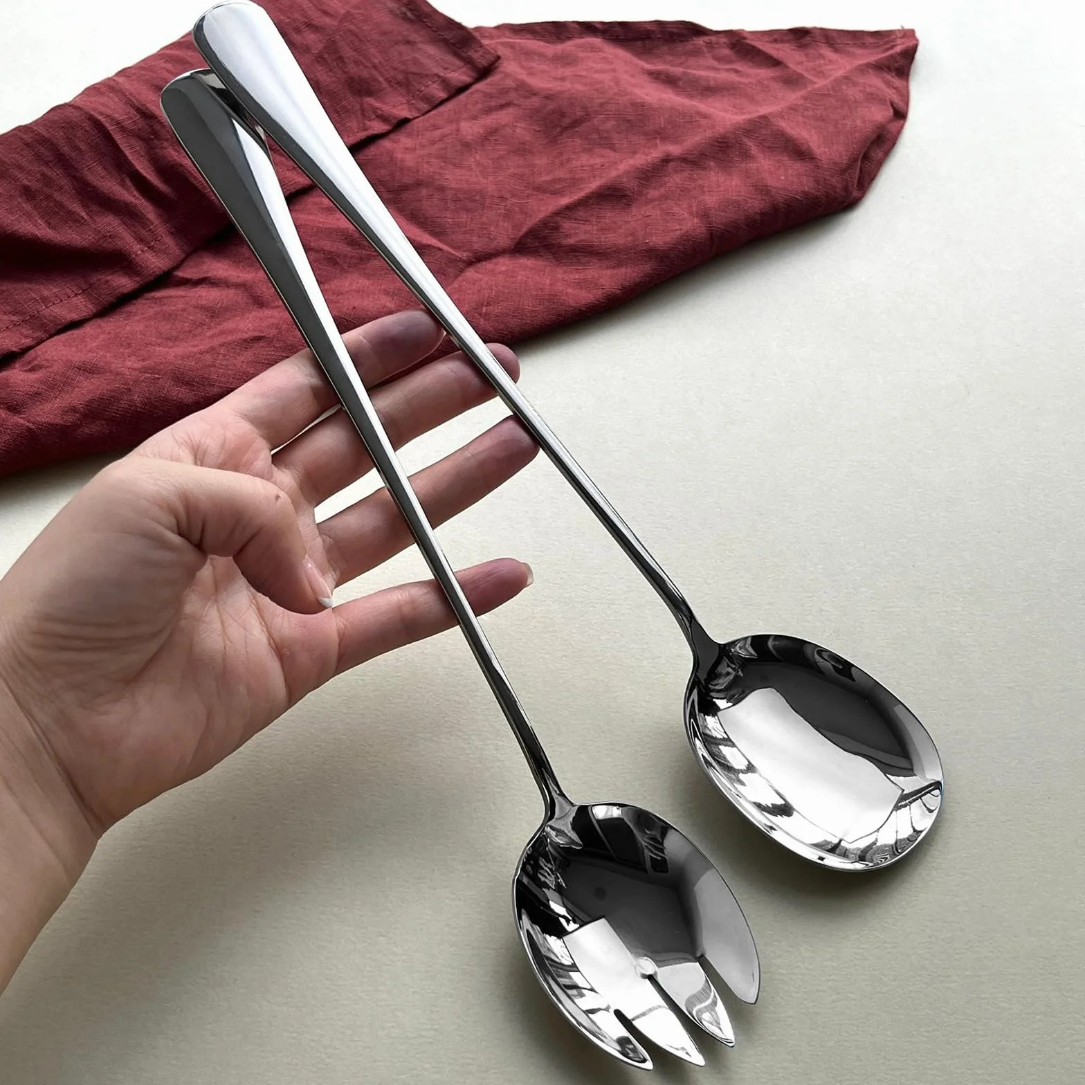 Cubiertos para Ensalada de Acero Inoxidable 28 cm, Tenedor y Cuchara Plateados, Servidores de Ensalada Aptos para Lavavajillas, para Restaurantes, Hoteles, Fiestas, Buffet