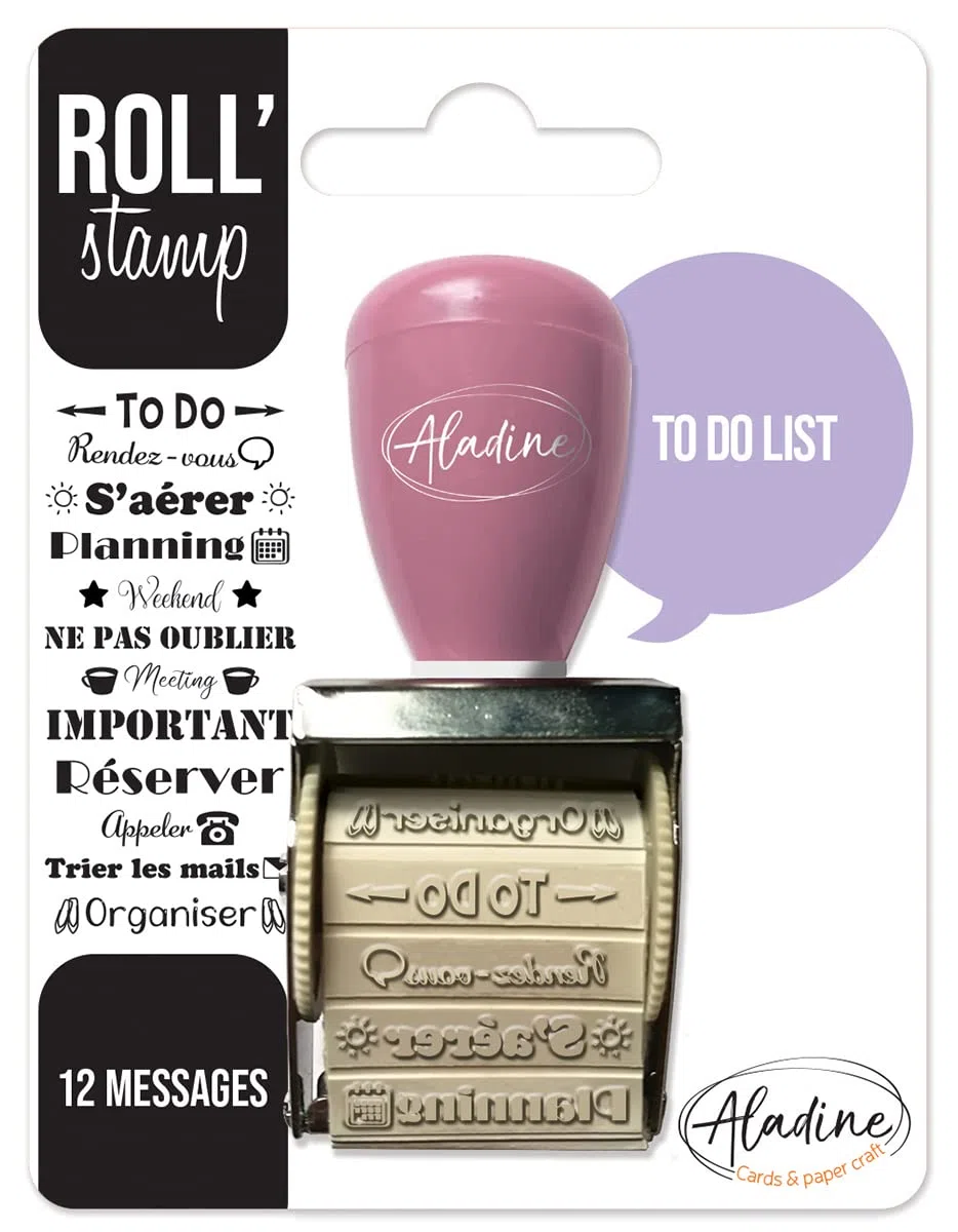 Aladine - Roll'Stamp To Do List - Sello con rueda - 12 Mensajes para sellos Partout - Ideal para Bullet Journal, Scrapbooking 02164 3,5x8x10,5 Black