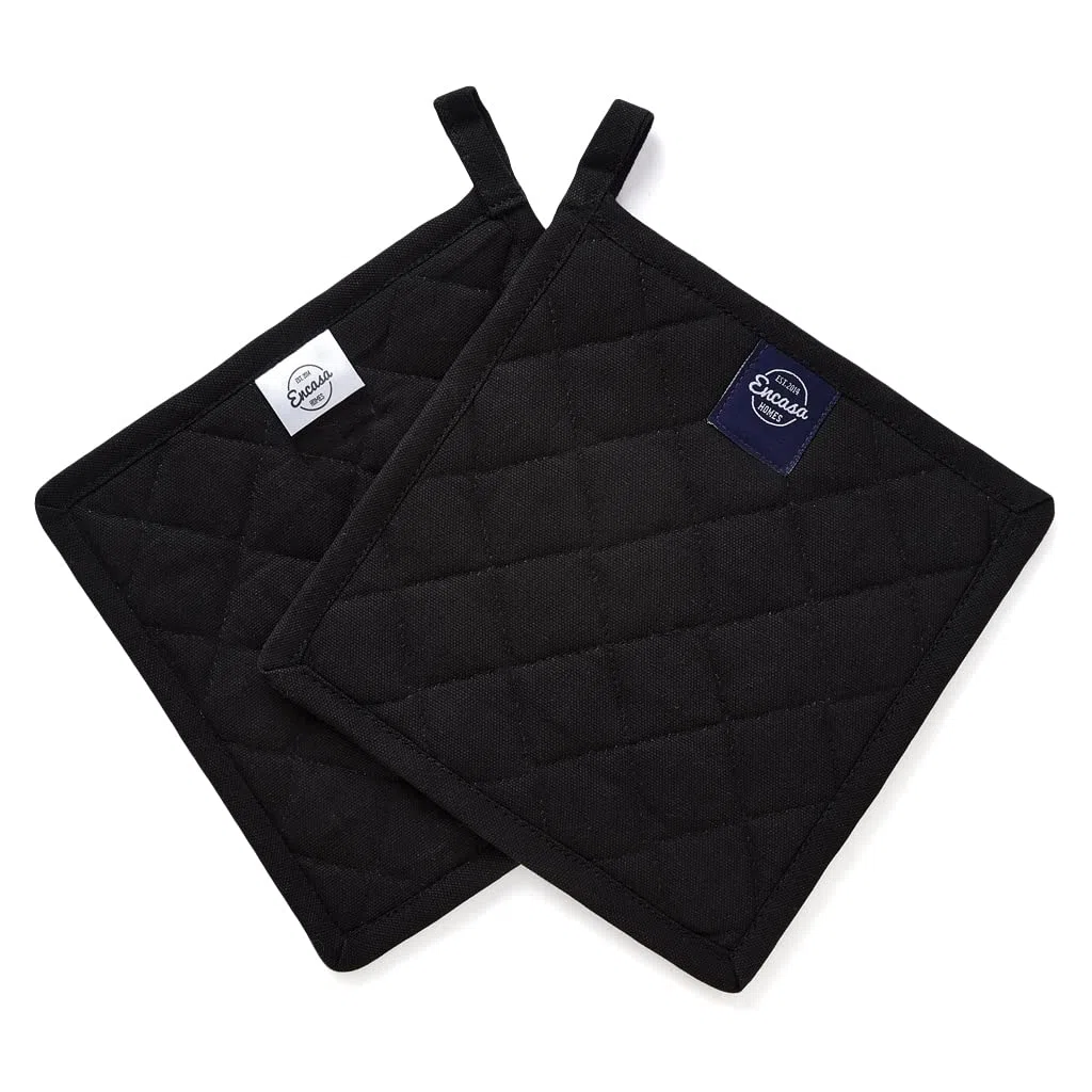 Encasa XO Soporte para ollas de algodón Resistente al Calor con Lazo para Colgar - Juego de 2 - Negro Completo - Almohadilla Caliente Acolchada Multiusos para Uso Diario en la Cocina - 21 cm