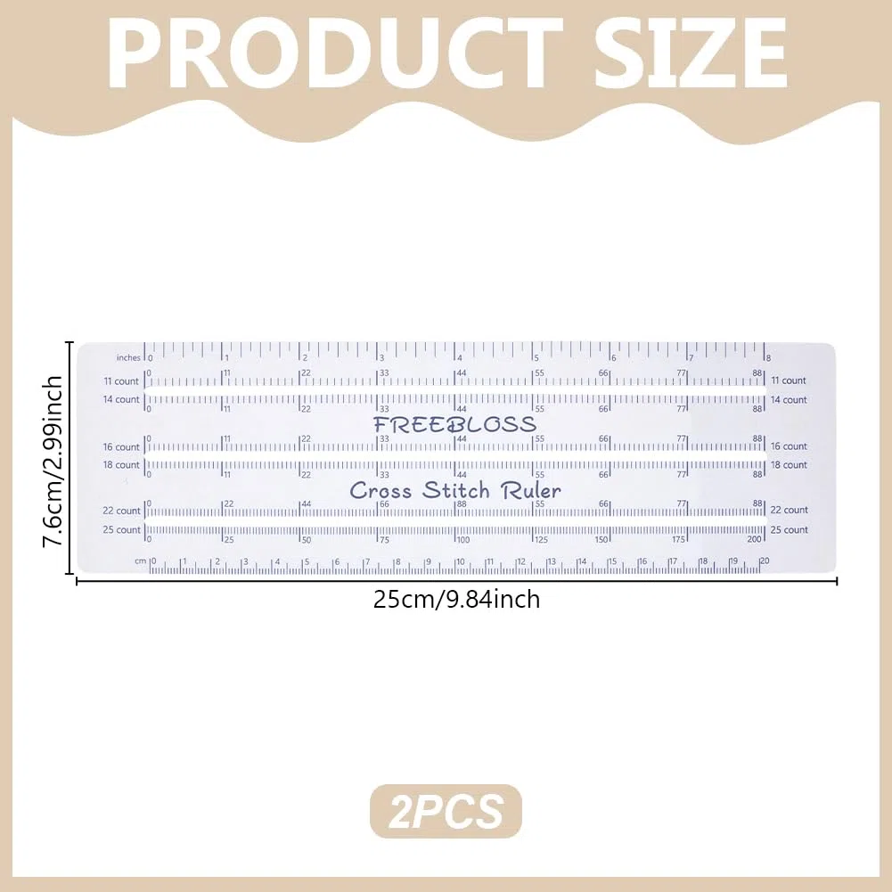 FREEBLOSS 2 escalas de regla de punto de cruz para 6 telas, herramienta de medición de plástico para contar puntadas, manualidades, 24,8 x 7,6 cm