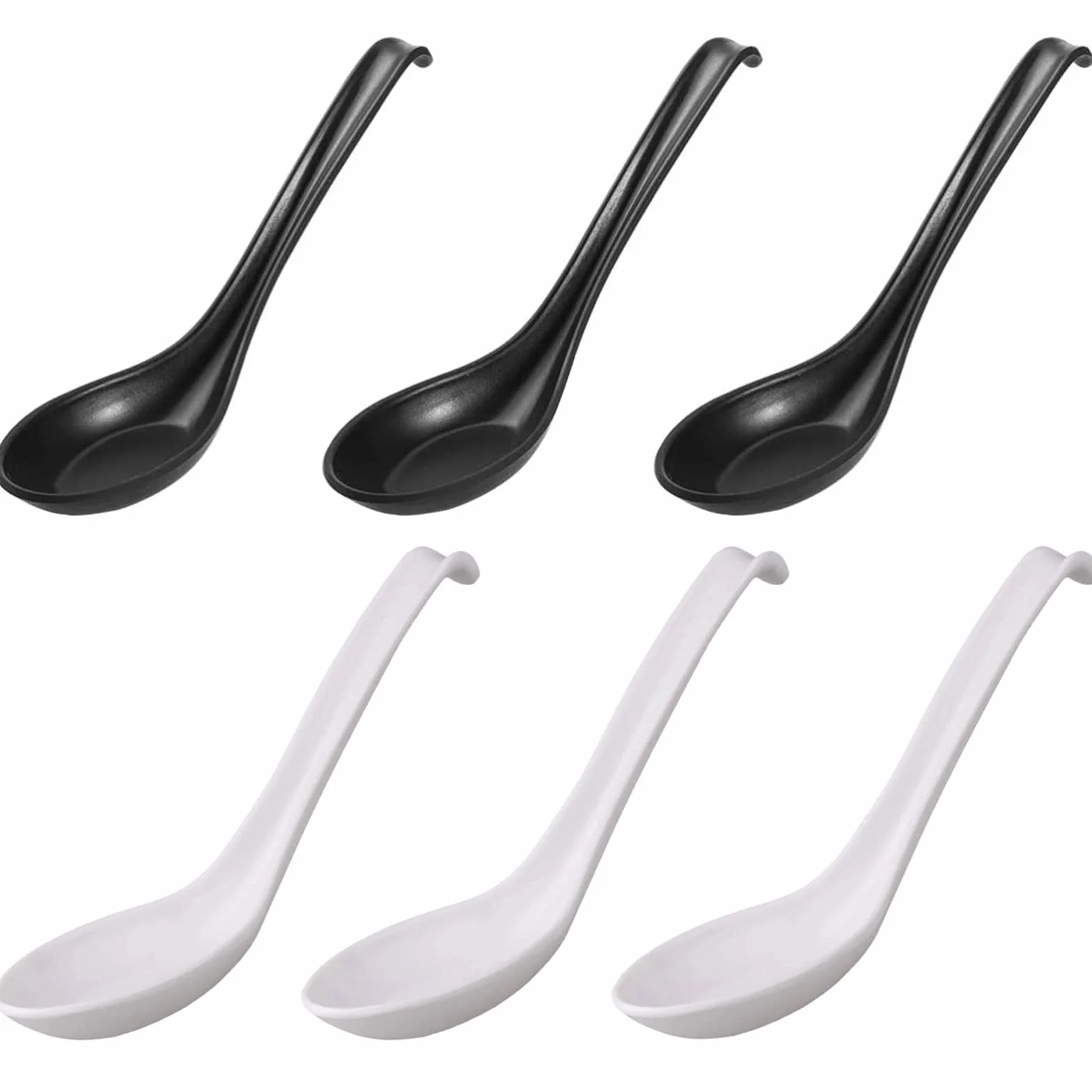 Cucharas de sopa de melamina (6 piezas, 16,5 cm, 6,5 pulgadas, cucharas de ramen japonesas, con mango largo y gancho, cuchara de fondo redondo para restaurante/cocina (blanco)