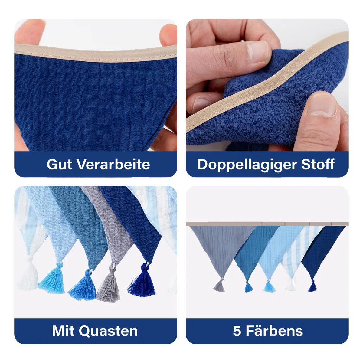G2PLUS 2.6m Guirnalda de Banderines Infantiles:Guirnaldas de Tela Azul y Gris con Borlas,diseño Rayas Verticales para Decoraciones de guarderías y Bricolaje,Baby Showers,cumpleaños,bautizos