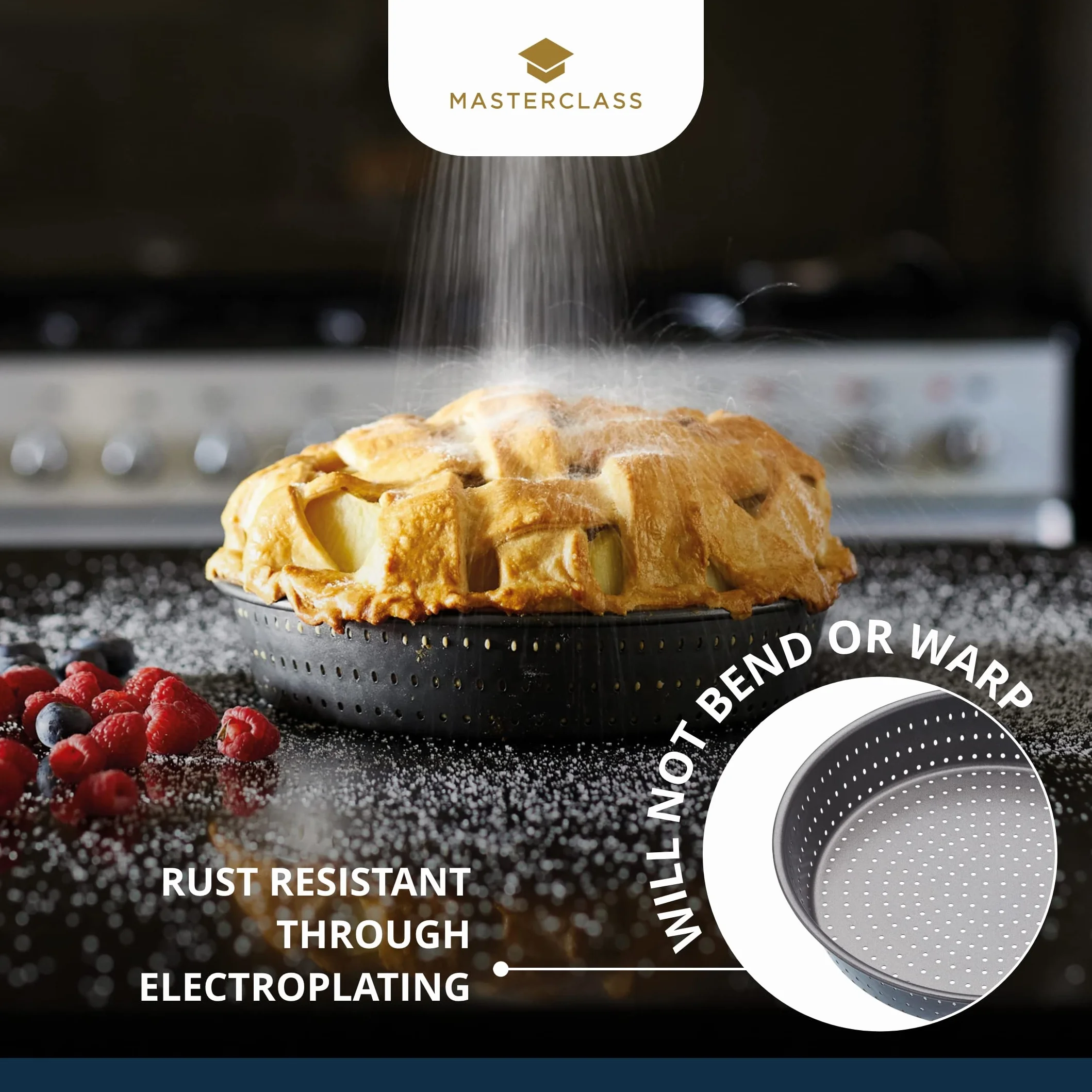 MasterClass Crusty Bake Plato perforado para tartas de 23 cm de profundidad sin PTFE, PFOA ni BPA, resistente acero al carbono de 1 mm de grosor, molde redondo de 9 pulgadas, gris