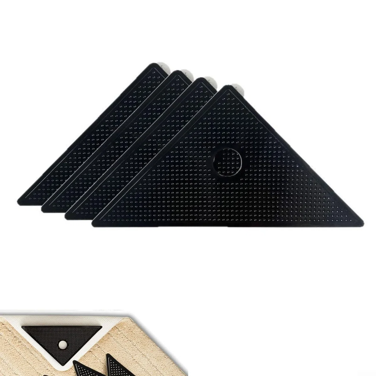 Paquete de 4 almohadillas antideslizantes para fijar alfombras, alfombra triangular de gel de poliuretano para laminado de madera dura para suelos de baldosas, tapones reutilizables lavables para sala
