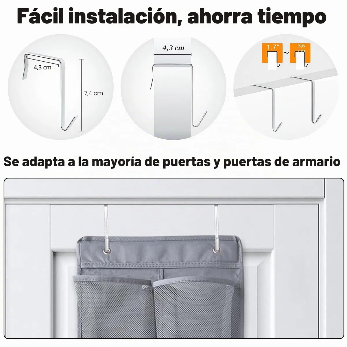 Zapatero de Puerta con 6 Bolsillos y Dos Ganchos Sin Dejar Rastro Zapatero Puerta con Bolsas de Malla para montar en la Pared Ahorra Espacio para Autocaravanas Armarios y Salas de Estar (Gris)
