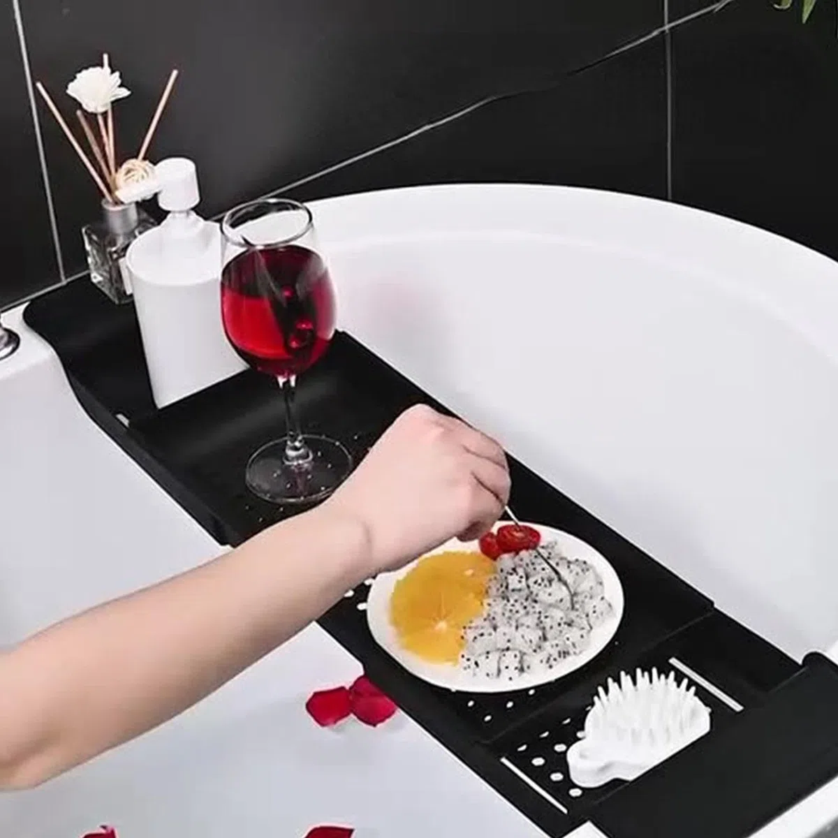 Bandeja de baño, bandejas de baño para Todo el baño, Organizador de bañera Ajustable, Bandeja de Almacenamiento sobre la bañera, Bandeja de bañera, Organizador de baño/Negro para Vino, Taza,
