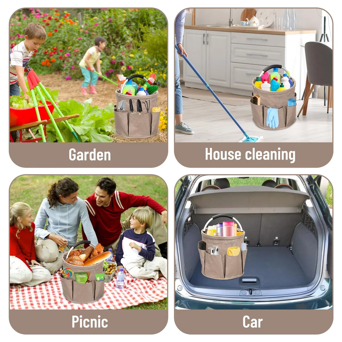 BigKing Bolsa de almacenamiento plegable para cubo de limpieza, cesta de almacenamiento de limpieza plegable de tela Oxford, con 6 bolsillos exteriores para la limpieza, accesorios de limpieza del