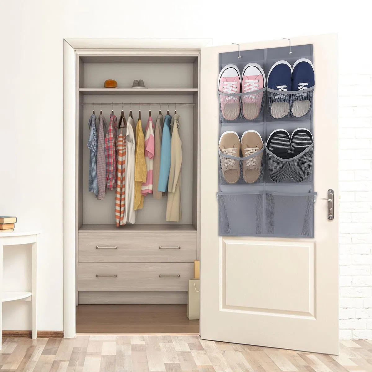Zapatero de Puerta con 6 Bolsillos y Dos Ganchos Sin Dejar Rastro Zapatero Puerta con Bolsas de Malla para montar en la Pared Ahorra Espacio para Autocaravanas Armarios y Salas de Estar (Gris)