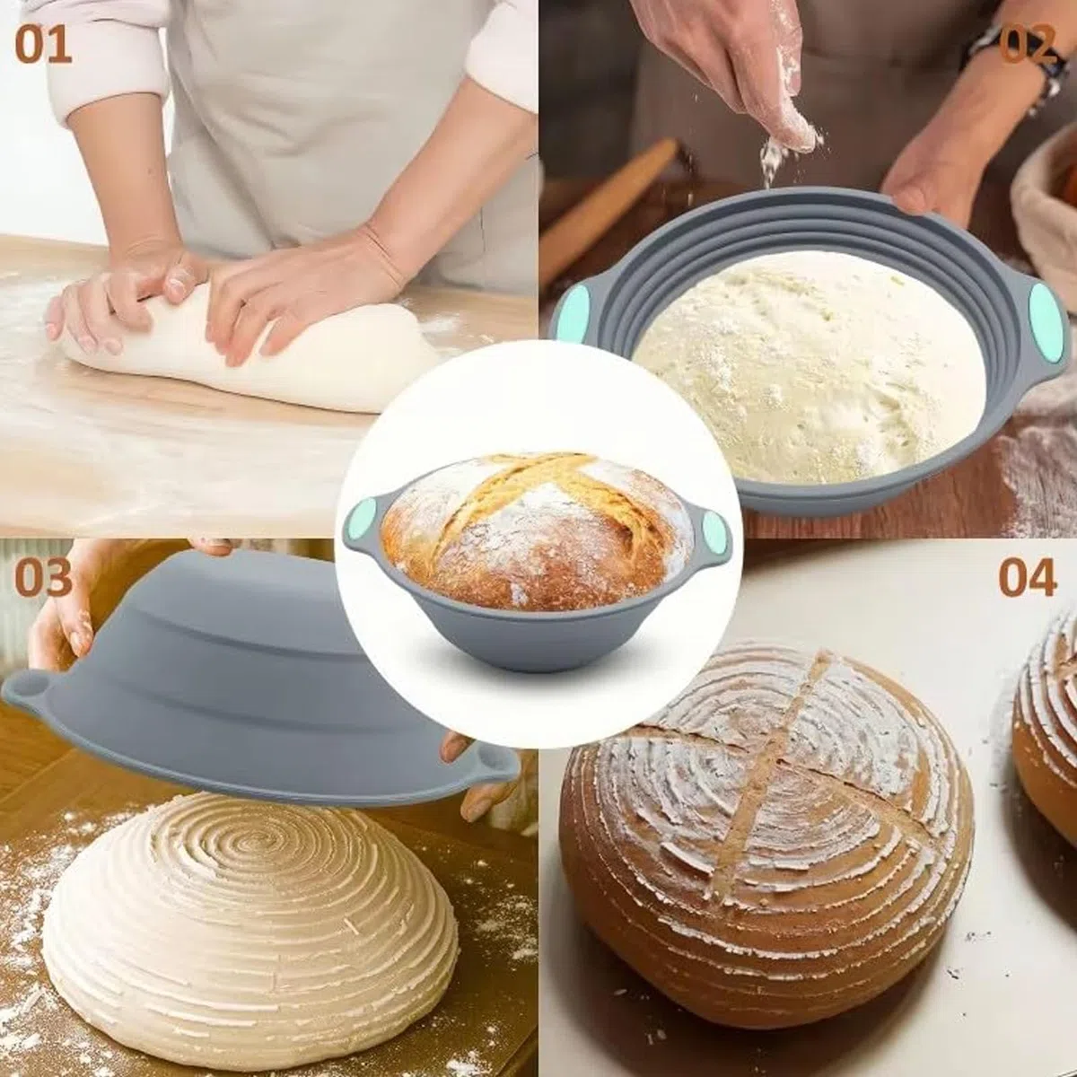 Cesta de fermentación redonda para pan, cesta de cocción de silicona, 23 cm, plegable, para invitados con asa, para principiantes y profesionales, pan perfecto, fácil de limpiar (gris)