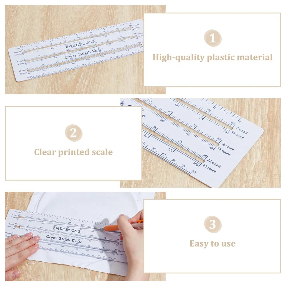 FREEBLOSS 2 escalas de regla de punto de cruz para 6 telas, herramienta de medición de plástico para contar puntadas, manualidades, 24,8 x 7,6 cm