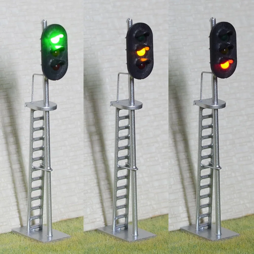 Homo - Señales de bloque de tren modelo a escala, señales LED de 3 aspectos con base de tornillo 12 V-16 V CC, ánodo común, 20 mA por luz, acabado plateado (paquete de 2)