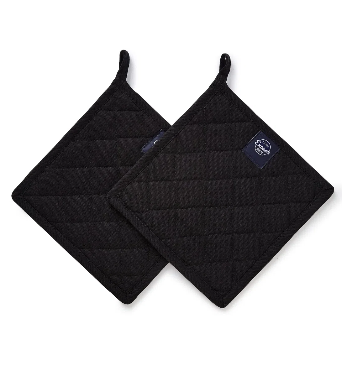 Encasa XO Soporte para ollas de algodón Resistente al Calor con Lazo para Colgar - Juego de 2 - Negro Completo - Almohadilla Caliente Acolchada Multiusos para Uso Diario en la Cocina - 21 cm