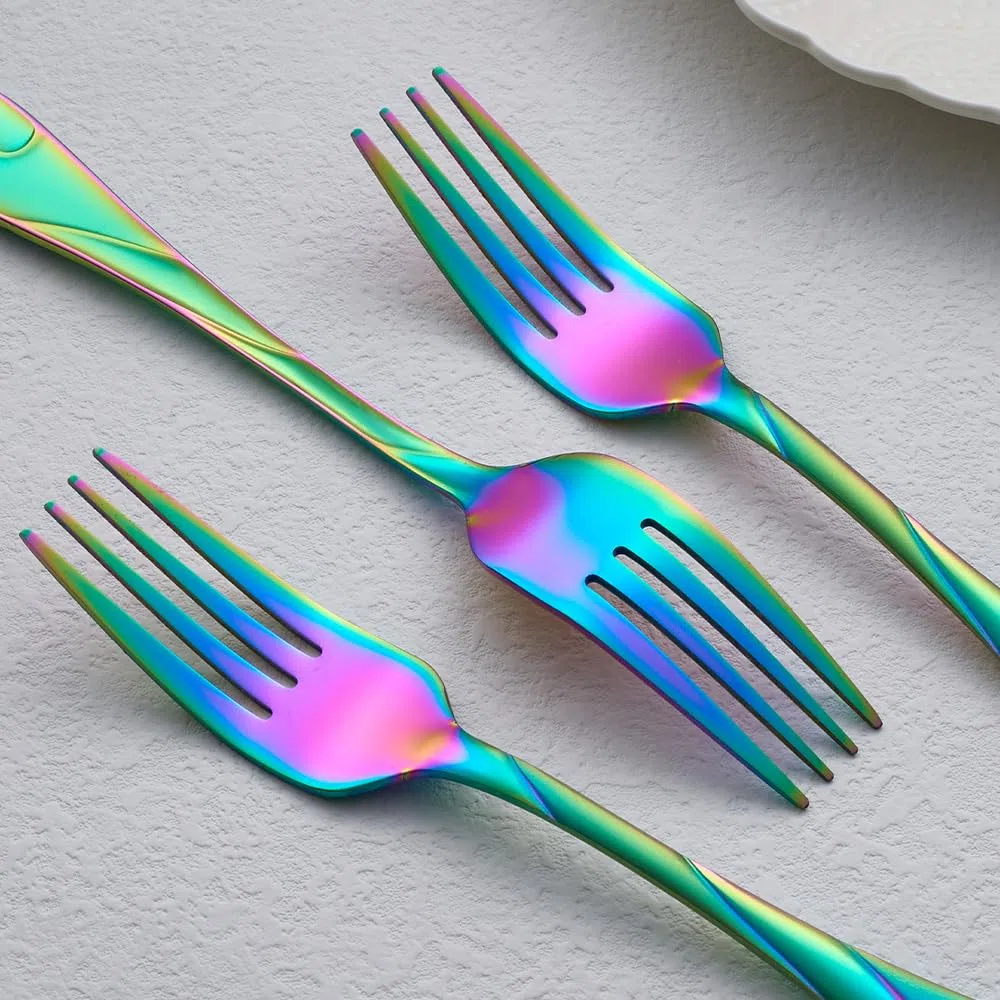 Rainbow - Juego de tenedores de ensalada de acero inoxidable de 6.9 pulgadas, 6 tenedores pequeños de metal arcoíris brillante, juego de cubiertos iridiscentes, apto para lavavajillas