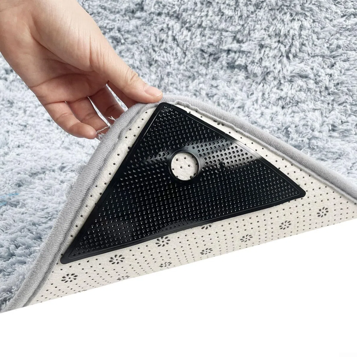 Paquete de 4 almohadillas antideslizantes para fijar alfombras, alfombra triangular de gel de poliuretano para laminado de madera dura para suelos de baldosas, tapones reutilizables lavables para sala