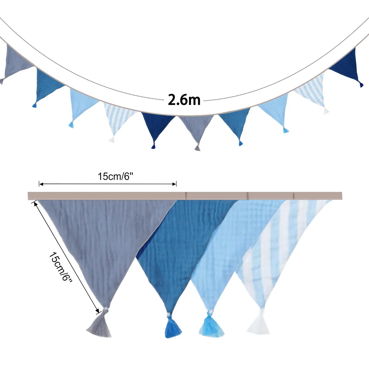 G2PLUS 2.6m Guirnalda de Banderines Infantiles:Guirnaldas de Tela Azul y Gris con Borlas,diseño Rayas Verticales para Decoraciones de guarderías y Bricolaje,Baby Showers,cumpleaños,bautizos