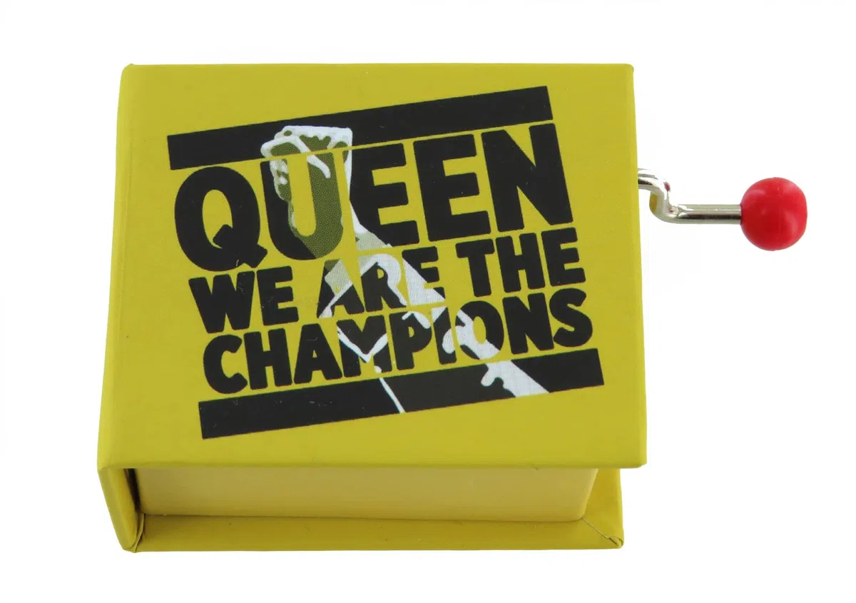 Caja de música/caja musical de manivela de cartón decorado en forma de libro con mecanismo musical de 18 notas - We are the champions (Queen - F. Mercury)