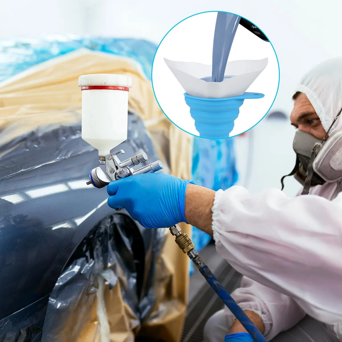 100 filtros de pintura, colador de papel y embudo de silicona plegable, colador cónico, filtro embudo para pintura de coches y pistolas de pintura