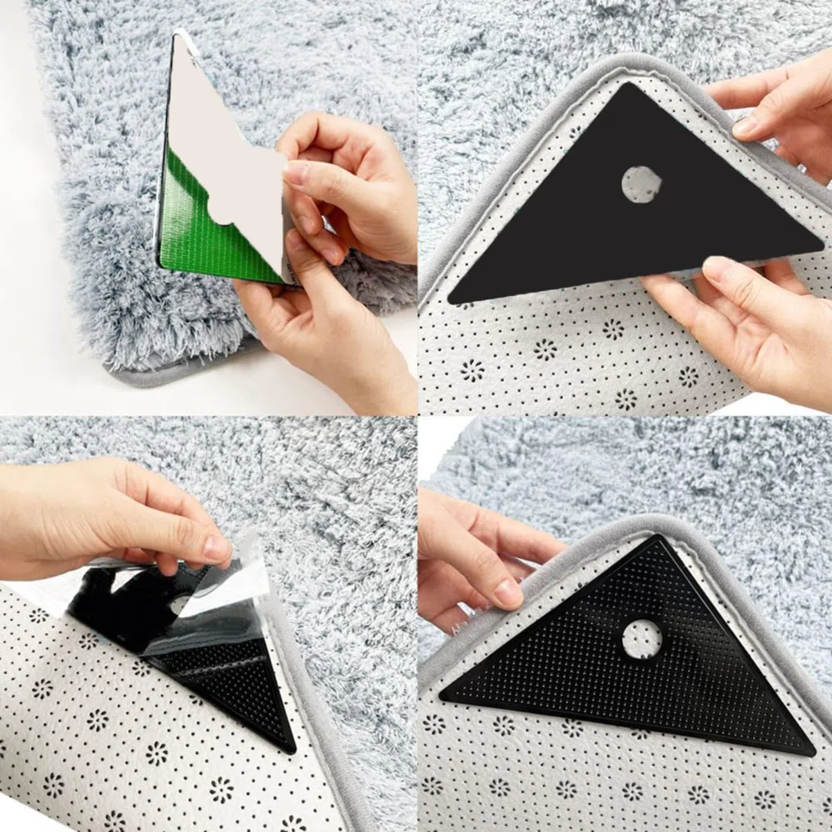Paquete de 4 almohadillas antideslizantes para fijar alfombras, alfombra triangular de gel de poliuretano para laminado de madera dura para suelos de baldosas, tapones reutilizables lavables para sala