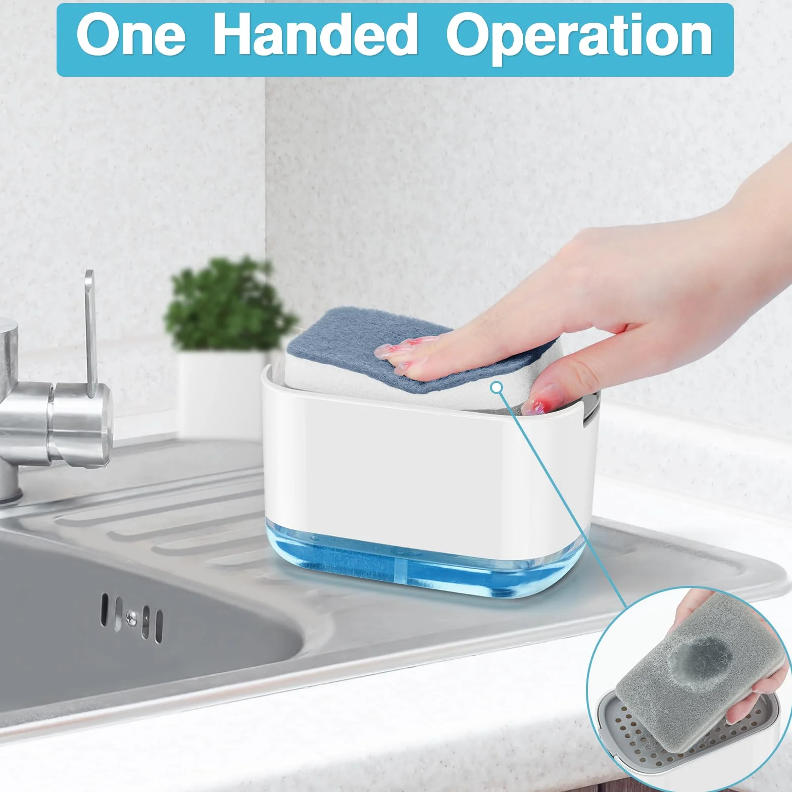 Alyvisun Dispensador Jabon Cocina con Soporte de Esponja, Dispensador de Jabón de Cocina 2 en 1, 300ml Jabonera Cocina Dosificador Dispensador de Jabón Dispensador Manual para Cocina Fregadero