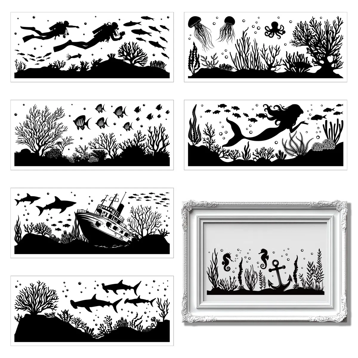 GLOBLELAND 8 hoja pegatinas de la Taza de la Silueta de Animales del Océano de Verano Pegatinas de Tiburón Medusa Pegatinas de Pared de Silueta de Plástico Pegatinas Adhesivos Tarro de Linterna