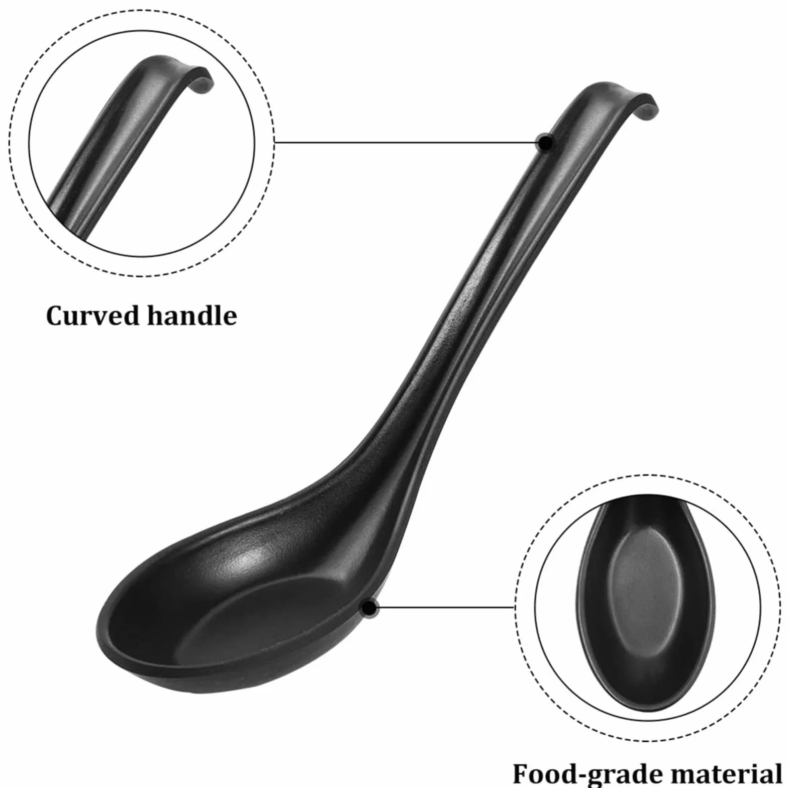 Cucharas de sopa de melamina (6 piezas, 16,5 cm, 6,5 pulgadas, cucharas de ramen japonesas, con mango largo y gancho, cuchara de fondo redondo para restaurante/cocina (blanco)