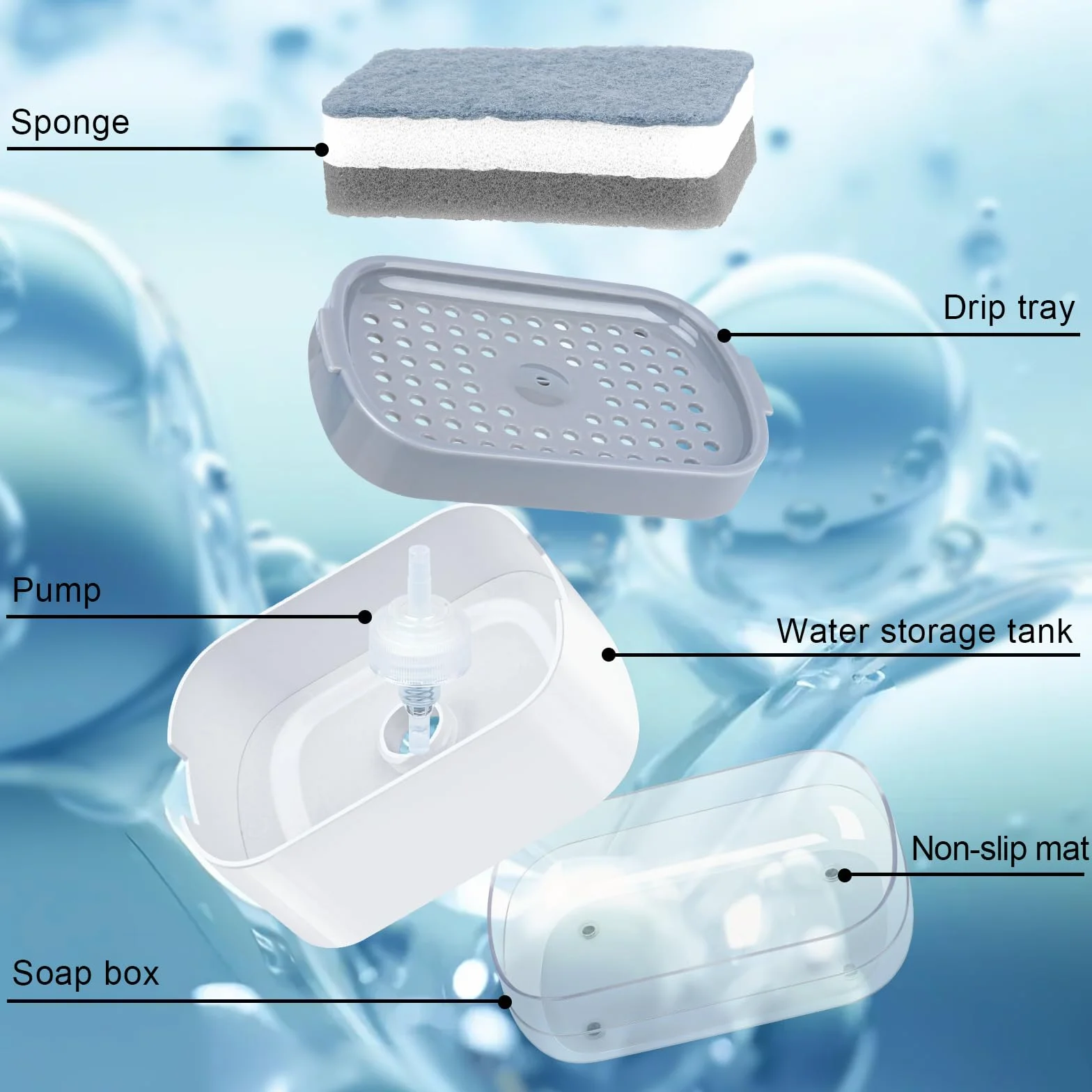 Alyvisun Dispensador Jabon Cocina con Soporte de Esponja, Dispensador de Jabón de Cocina 2 en 1, 300ml Jabonera Cocina Dosificador Dispensador de Jabón Dispensador Manual para Cocina Fregadero