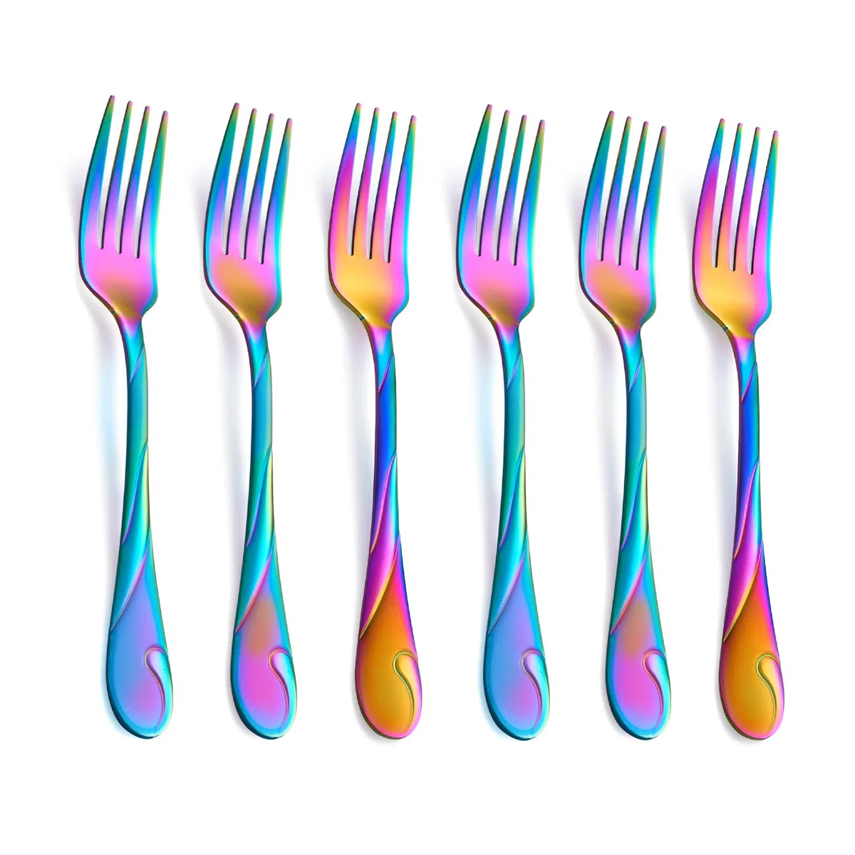 Rainbow - Juego de tenedores de ensalada de acero inoxidable de 6.9 pulgadas, 6 tenedores pequeños de metal arcoíris brillante, juego de cubiertos iridiscentes, apto para lavavajillas