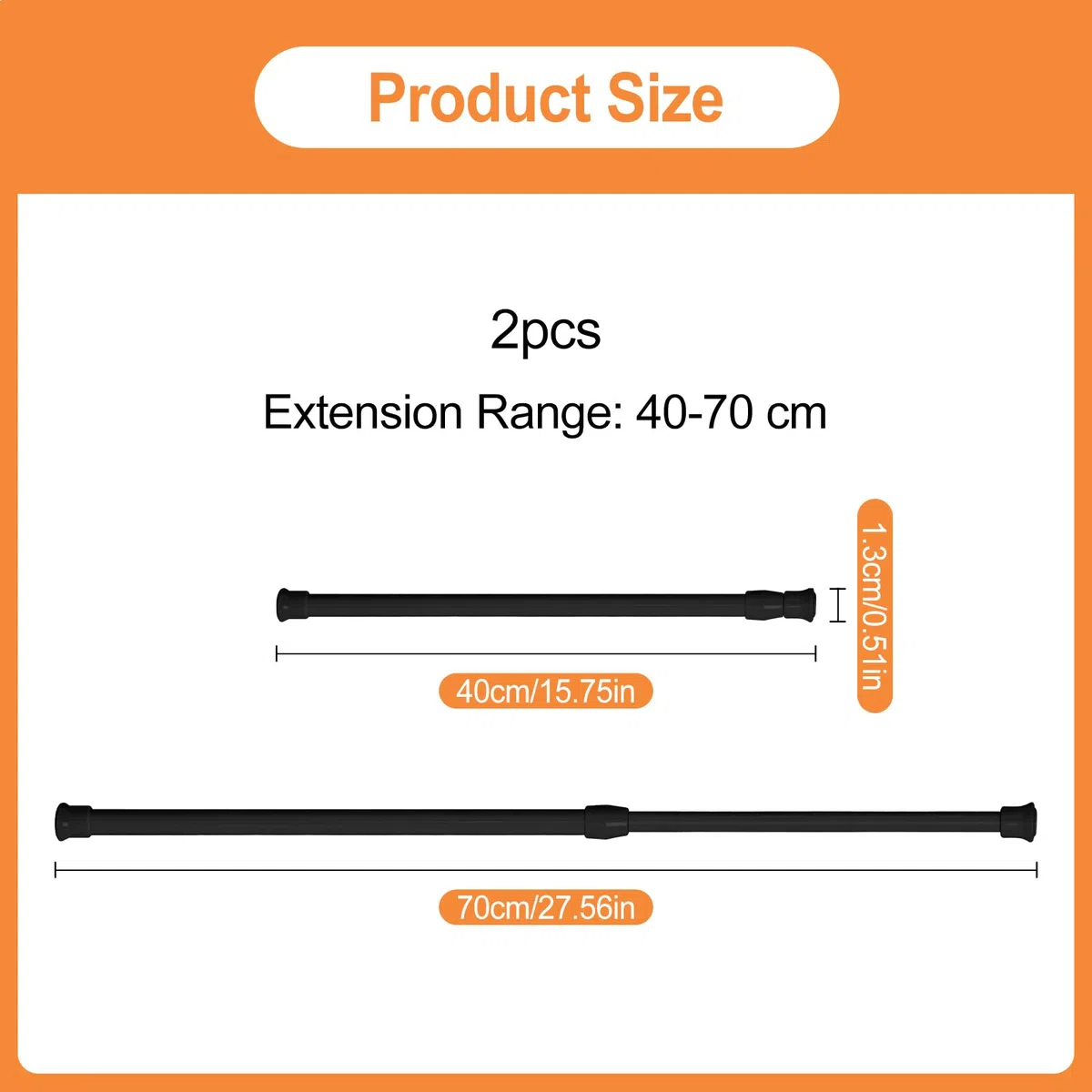 2 Piezas Barra de Tensión Telescópica 40-70 cm, Barra Cortinas Extensible, Barras Extensibles para Cortinas, Barras de Cortina de Tensión Pequeñas, para Cocina Baño Armario y Ventana (Negro)