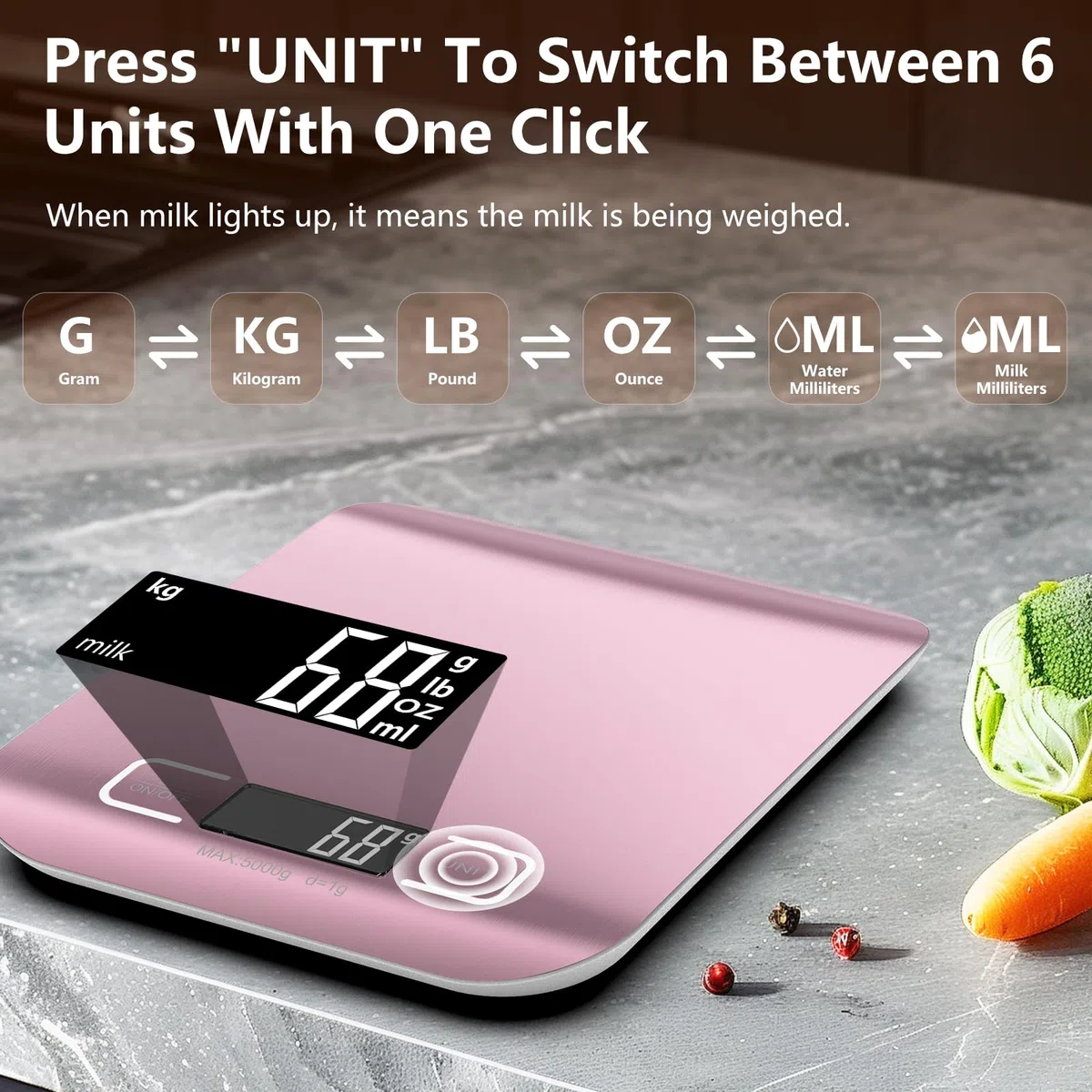 GeeRic Báscula de Cocina Digital de Acero Inoxidable,Balanza de Alimentos Multifuncional 22 lb/10 kg,Peso Cocina con Pantalla LCD 2 Baterías Incluidas para cocinar, hornear(oro rosa)