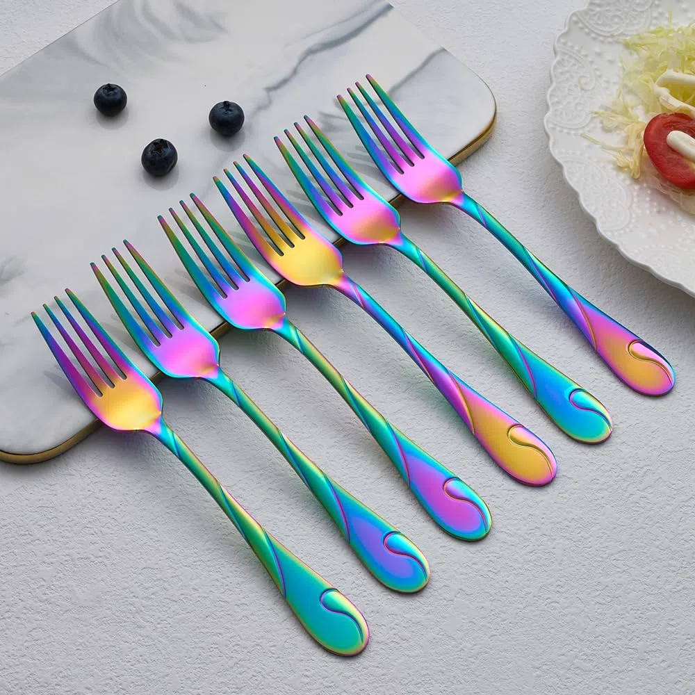 Rainbow - Juego de tenedores de ensalada de acero inoxidable de 6.9 pulgadas, 6 tenedores pequeños de metal arcoíris brillante, juego de cubiertos iridiscentes, apto para lavavajillas