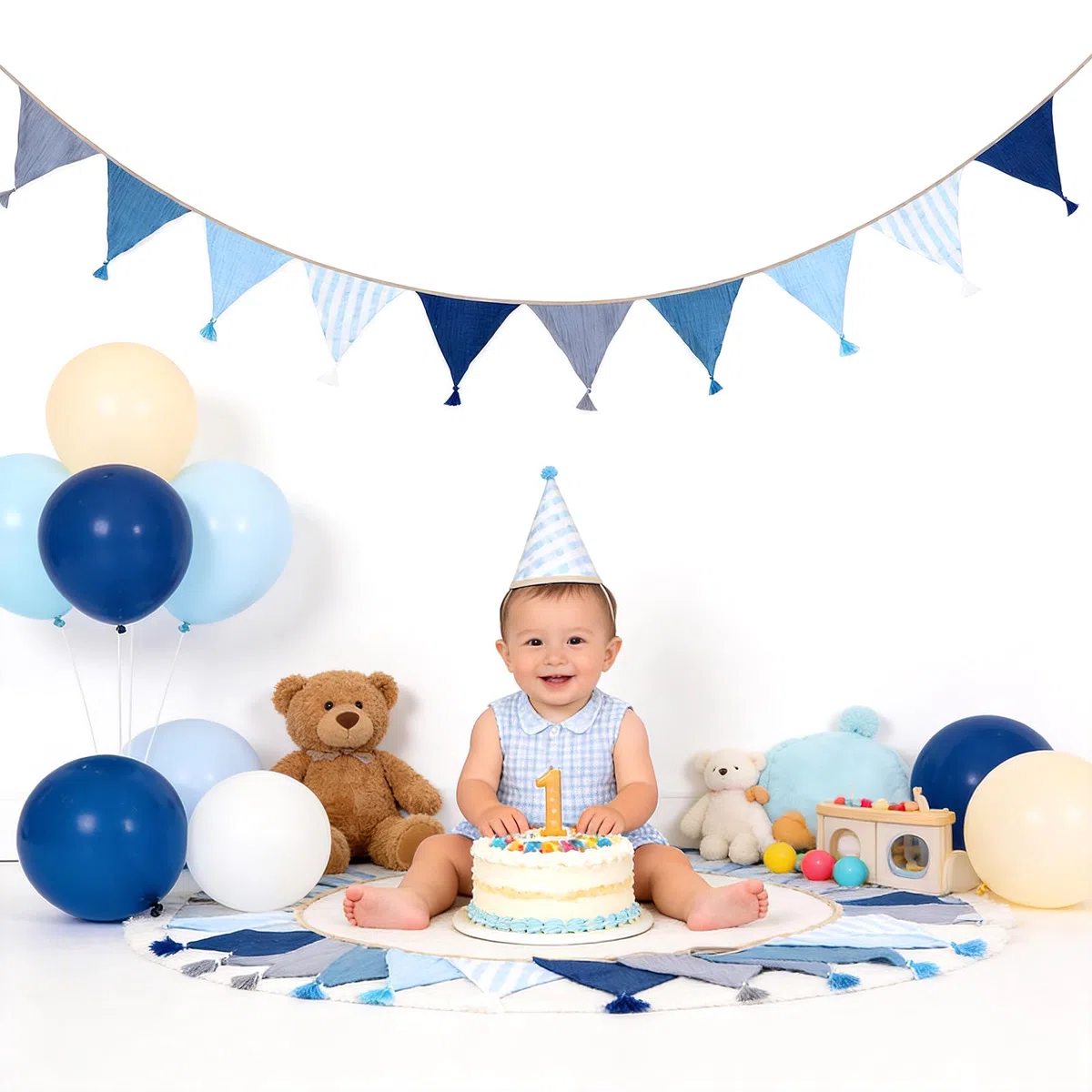 G2PLUS 2.6m Guirnalda de Banderines Infantiles:Guirnaldas de Tela Azul y Gris con Borlas,diseño Rayas Verticales para Decoraciones de guarderías y Bricolaje,Baby Showers,cumpleaños,bautizos