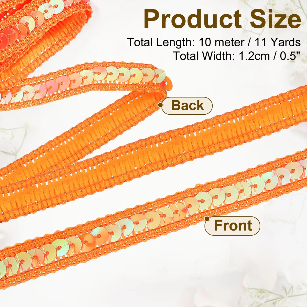 QUARKZMAN 11 Yard Cintas De Lentejuelas Ribete 0.5 Inch Trenza De Lentejuelas Gimp Ribete Lentejuelas Planas Paillette Tela Ribetes Planos Tiras Para Manualidades Costura Ropas, Naranja