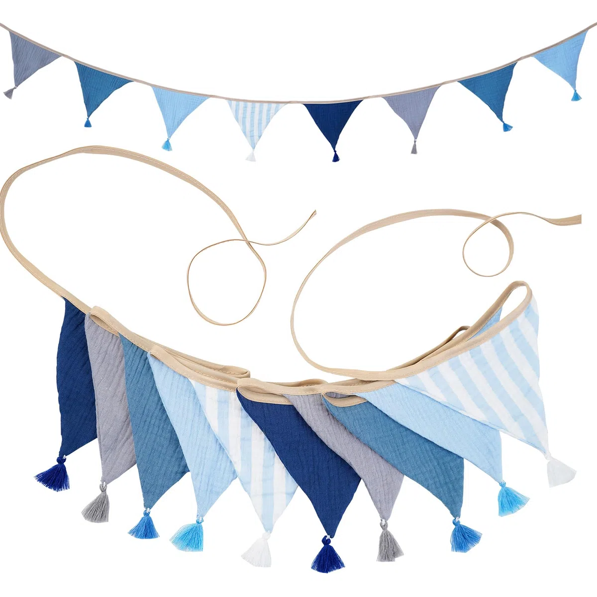G2PLUS 2.6m Guirnalda de Banderines Infantiles:Guirnaldas de Tela Azul y Gris con Borlas,diseño Rayas Verticales para Decoraciones de guarderías y Bricolaje,Baby Showers,cumpleaños,bautizos