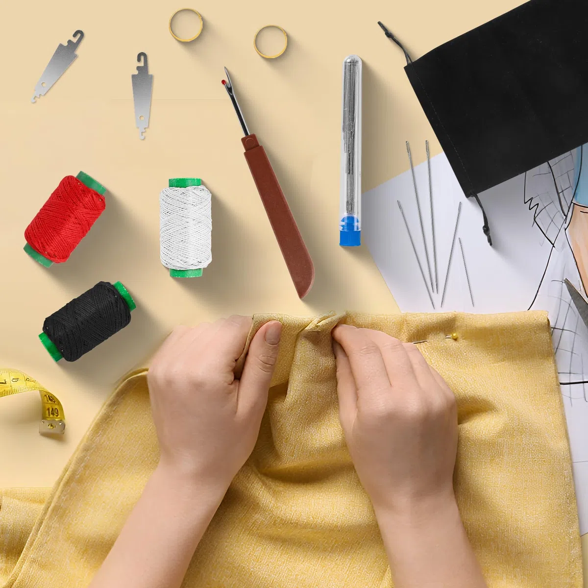 Kit de Costura, 37 Piezas Kit Costura, Accesorios de Costura Premium, Costureros Completos para el Viajes y Principiantes y Emergencias, Sewing Kit para Tela Gruesa y Cuero