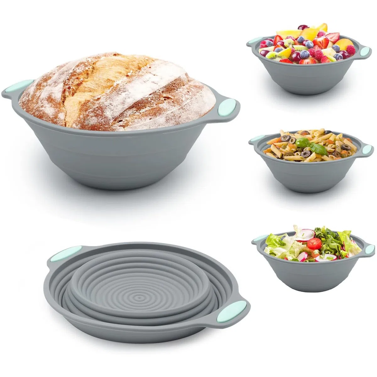 Cesta de fermentación redonda para pan, cesta de cocción de silicona, 23 cm, plegable, para invitados con asa, para principiantes y profesionales, pan perfecto, fácil de limpiar (gris)
