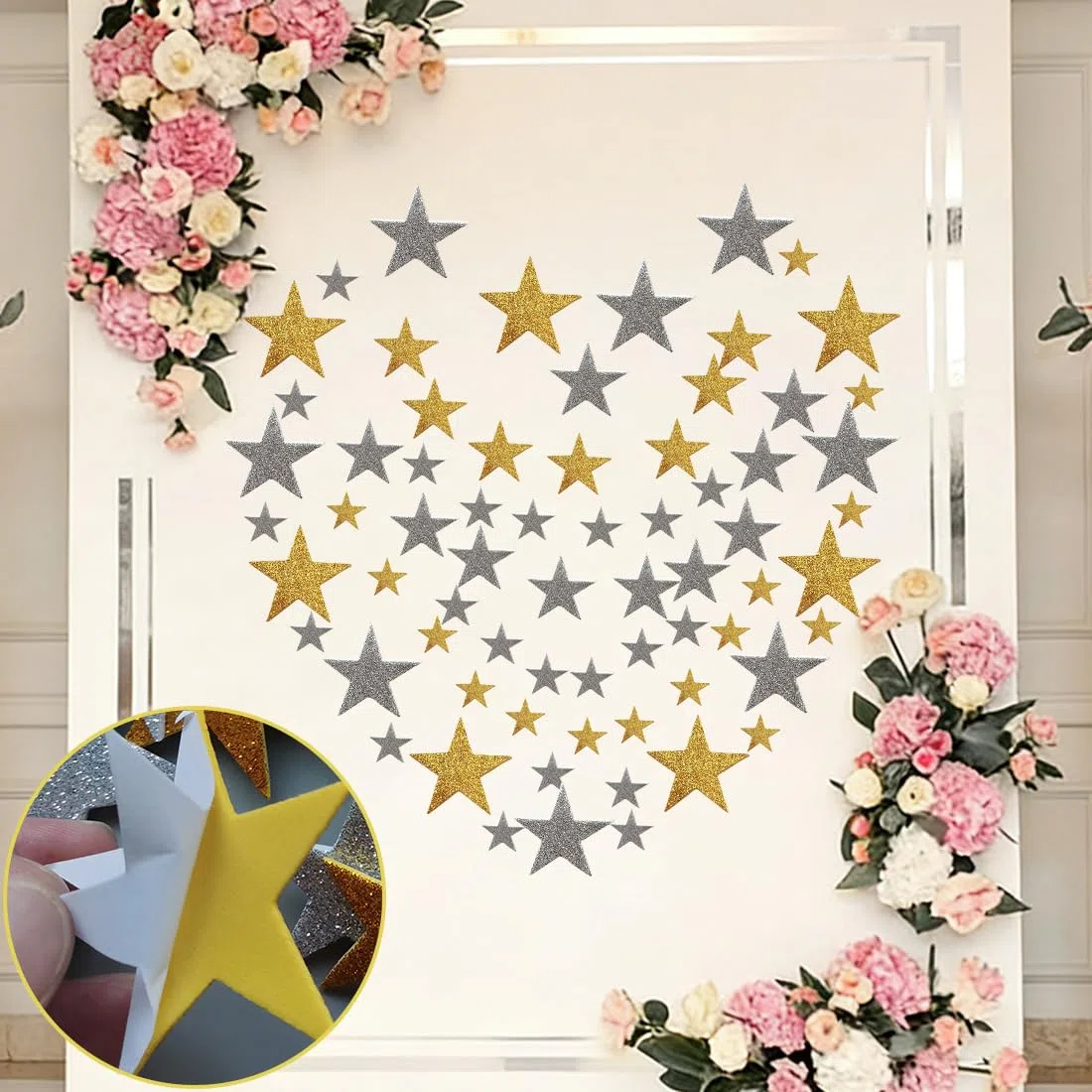 Pegatinas de Estrellas Goma Eva Purpurina 100 Piezas Oro y Plata, Estrellas Autoadhesivas Brillantes, Accesorios Decoración de Bricolaje Manualidades Temporada de Bodas Fiesta de Verano